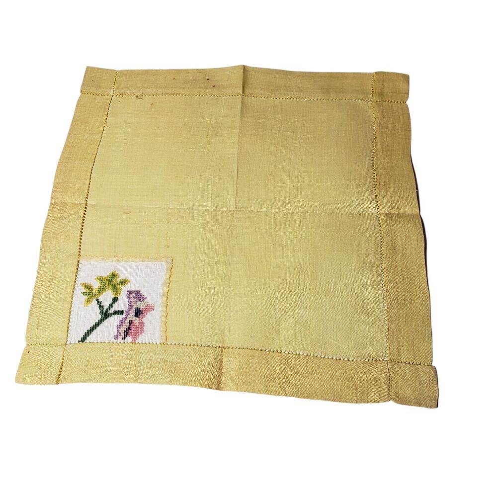 VINTAGE 1960'S Hankie Yellow Purple Flowers Embroidered Handmade Pocket Scarf
